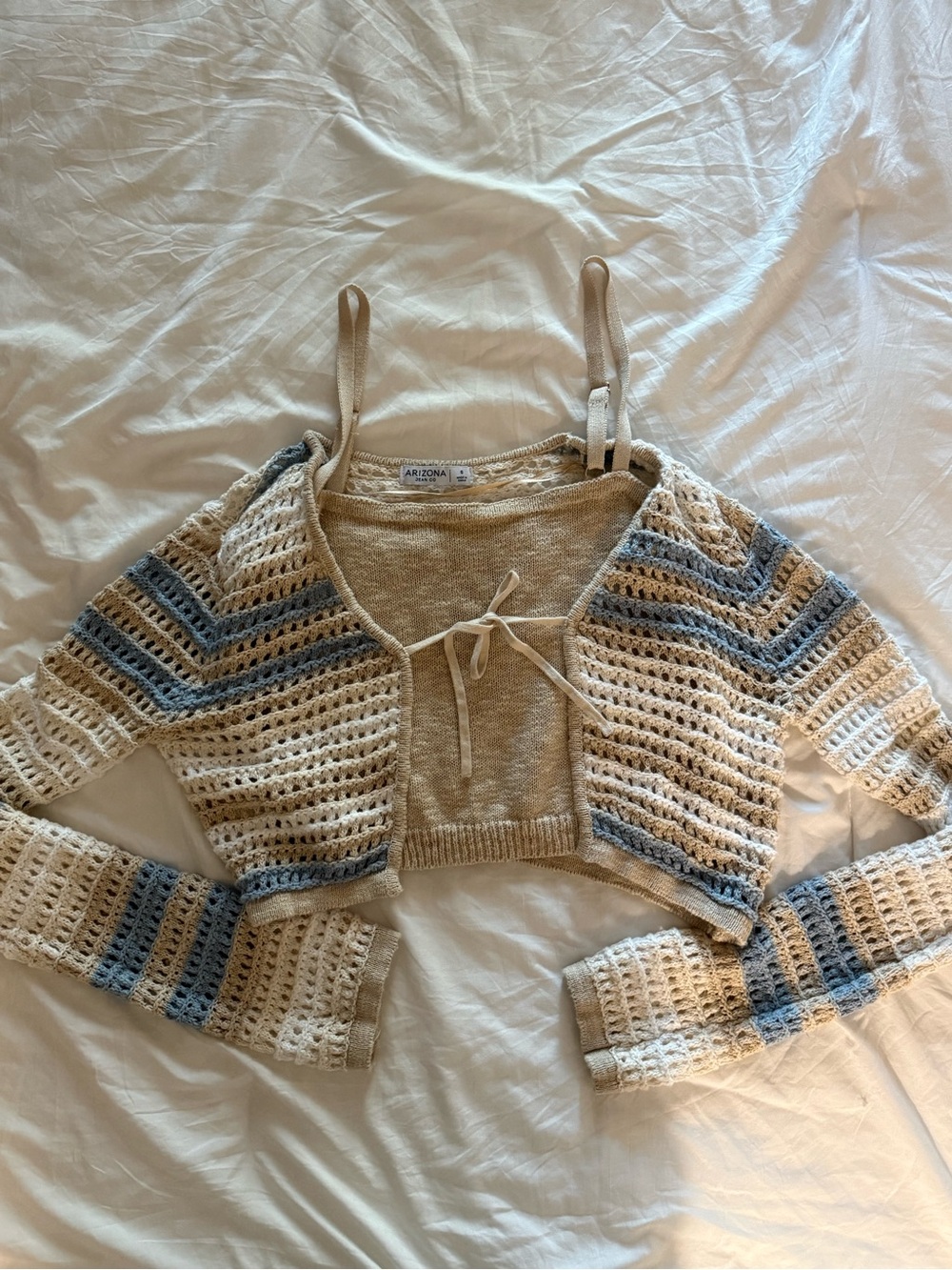 Arizona Jean Company Beige Crochet Tie-Front Crop Sweater with Blue Stripes